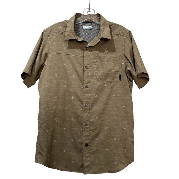Columbia Small Tan Geo Print Short Sleeve Fishing Shirt B2 - Picture 1 of 5